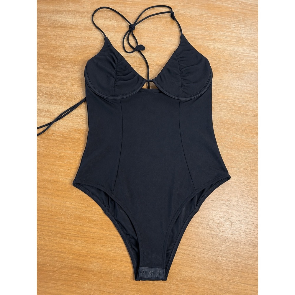 Thats So Fetch Black Underwire Halter Bodice Bodysuit Ruched Thong Snap Base Sz2
